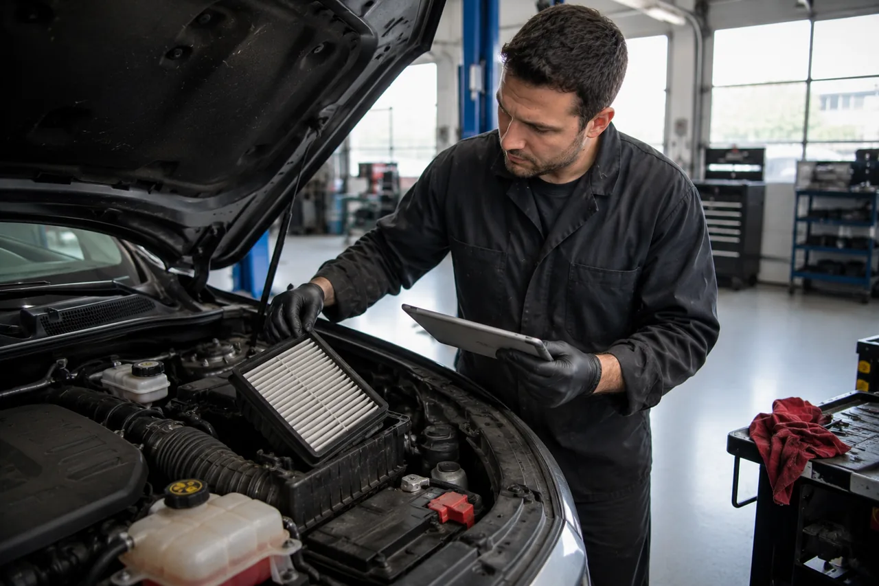 A Big O Tires Vernon technician inspecting an engine bay